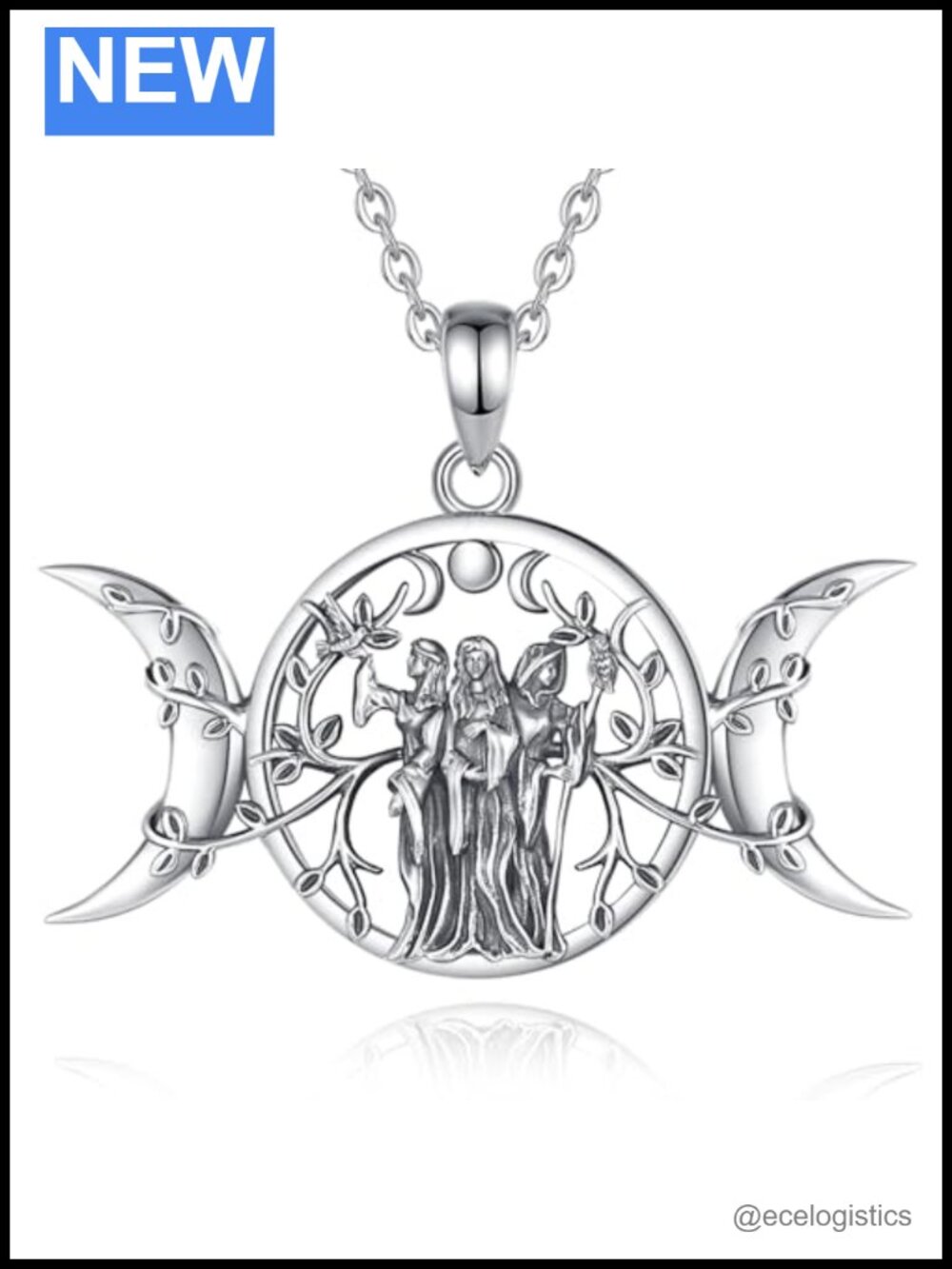 925 Sterling Silver Triple Moon Goddess Pendant Necklace 20"